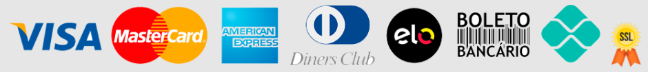 Formas de pagamento aceitas: Visa, MasterCard, American Express, Diners Club, Elo, Boleto Bancário, Pix e site seguro SSL